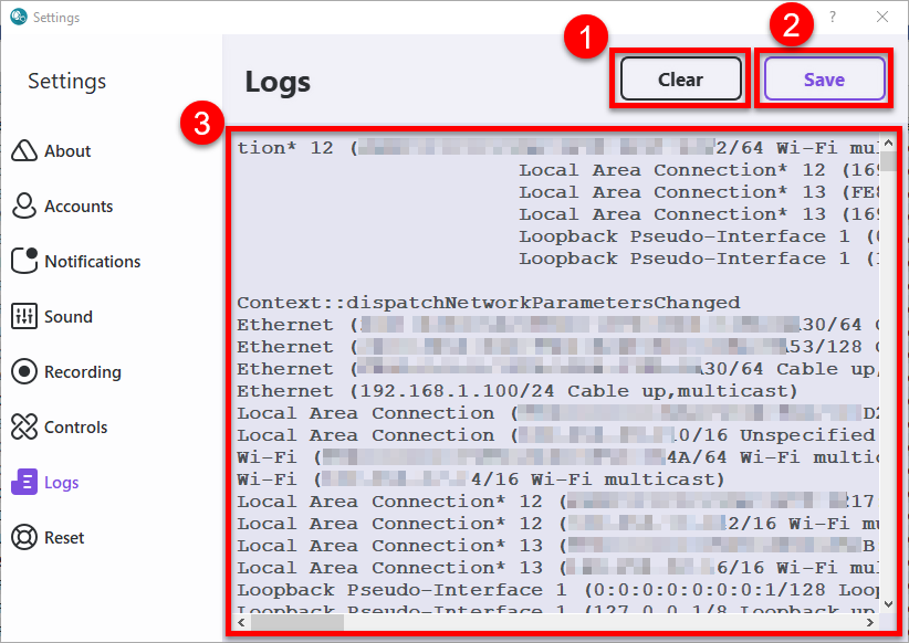 Settings - Logs Screen